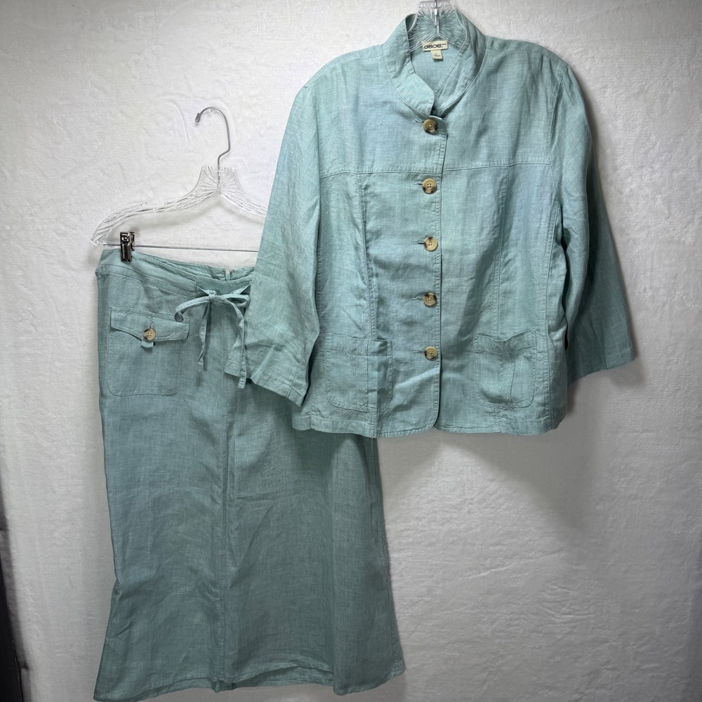 Cherokee Brand Womens Large 2 Piece 100% Linen Light Blue Skirt Top Set